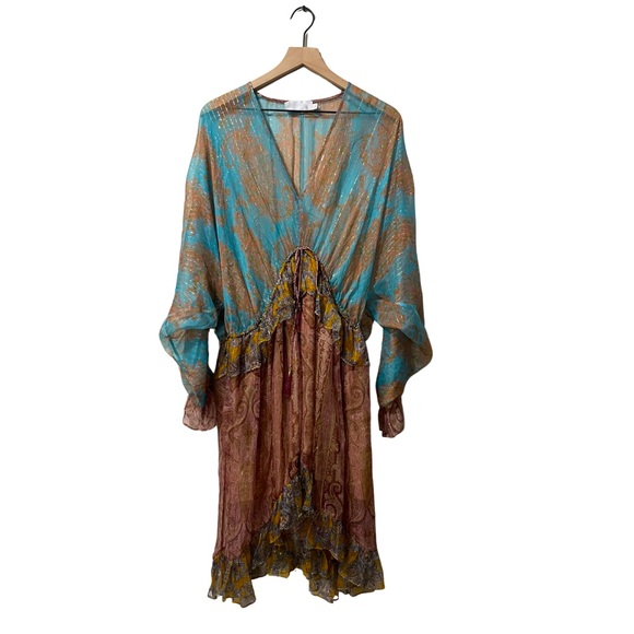 Zimmerman Realm Plunge Draw Bohemian Paisley Silk Ruffle High Low Dress Large